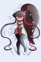 Rule 34 | 1girl, absurdly long hair, absurdres, bandaid, bandaid on face, bandaid on nose, bare shoulders, bed sheet, black hair, black panties, black thighhighs, blunt bangs, blush, borrowed character, bow, bra, breasts, clothed pokemon, collarbone, creatures (company), dakimakura (medium), embarrassed, extra mouth, female focus, from above, full body, game freak, gen 3 pokemon, grey background, hair bow, highres, knees together feet apart, long hair, looking at viewer, lucyfer, lying, mawile, medium breasts, multicolored hair, navel, nintendo, no humans, nose blush, on back, open mouth, own hands together, panties, pokemon, pokemon (creature), red bow, red eyes, red hair, sharp teeth, shiny clothes, shiny skin, solo, sweat, teeth, thighhighs, twintails, two-tone hair, underwear, underwear only, v arms, very long hair, wide hips