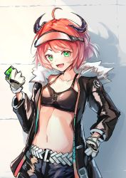 Rule 34 | 1girl, absurdres, arknights, belt, black jacket, black sports bra, breasts, brown hair, collarbone, croissant (arknights), female focus, fur-trimmed jacket, fur trim, gloves, green eyes, hand on own hip, highres, horns, jacket, midriff, navel, open clothes, open jacket, open mouth, shorts, small breasts, smile, solo, sports bra, two-tone gloves, upper body, you&#039;a
