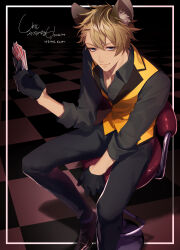 Rule 34 | 13 (bbr584607091), 1boy, absurdres, animal ear fluff, animal ears, black gloves, black shirt, blonde hair, blue eyes, border, card, chair, checkered floor, collared shirt, commentary, full body, gloves, hand up, highres, holding, holding card, hyena boy, hyena ears, korean text, long sleeves, looking at viewer, male focus, playing card, ruggie bucchi, shirt, short hair, sitting, sleeves rolled up, smile, solo, symbol-only commentary, translation request, twisted wonderland, vest, yellow vest