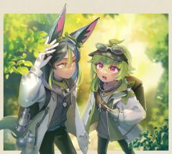 1boy 1girl animal_ear_fluff animal_ears backpack bag black_hair black_hat blue_hair blush collei_(genshin_impact) collei_(kiehls&#039;)_(genshin_impact) crossed_bangs eyewear_on_head fingerless_gloves forest fox_boy fox_ears fox_tail genshin_impact gloves green_hair grey_gloves hair_between_eyes hat jacket jewelry lab_coat long_sleeves multicolored_hair nature necklace open_clothes open_jacket open_mouth outdoors pants pink_eyes tail tighnari_(genshin_impact) tighnari_(kiehls&#039;)_(genshin_impact) ukata visor_cap white_gloves