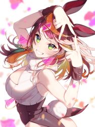 Rule 34 | 1girl, animal ears, anywhere knock, anywhere knock (vtuber), bare shoulders, breasts, cleavage, cleavage cutout, clothing cutout, colored inner hair, earrings, from side, green eyes, grn, highres, hoop earrings, indie virtual youtuber, jewelry, large breasts, leotard, long hair, looking at viewer, multicolored hair, pink pupils, playboy bunny, rabbit ears, rabbit tail, ribbed sweater, sleeveless, sleeveless sweater, smile, solo, streaked hair, sweater, tail, turtleneck, turtleneck sweater, upper body, virtual youtuber, white sweater