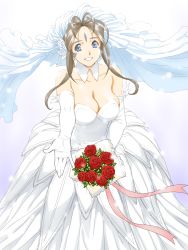 Rule 34 | 1990s (style), 1girl, aa megami-sama, belldandy, blue eyes, bouquet, breasts, brown hair, cleavage, detached collar, dress, elbow gloves, facial mark, flower, forehead mark, gloves, gradient background, grin, highres, holding, holding bouquet, large breasts, long hair, looking at viewer, matsubara hidenori, non-web source, outstretched arm, retro artstyle, rose, smile, solo, strapless, strapless dress, veil, wedding dress, white background, white gloves, wind, wind lift