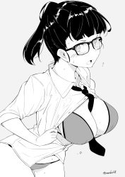 Rule 34 | 1girl, bad anatomy, between breasts, bikini, bikini under clothes, blush, breasts, collared shirt, dress shirt, glasses, grey background, greyscale, kichihachi, large breasts, leaning forward, medium hair, monochrome, necktie, necktie between breasts, open clothes, open mouth, open shirt, original, ponytail, shirt, simple background, solo, sweat, swimsuit, twitter username