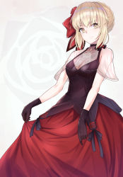 Rule 34 | 1girl, absurdres, alternate costume, artoria pendragon (all), artoria pendragon (fate), bare arms, black bow, black dress, black gloves, blonde hair, bow, braid, breasts, cleavage, closed mouth, commentary request, dress, fate/grand order, fate (series), floral print, flower, gloves, grey background, hair flower, hair ornament, hair ribbon, highres, looking at viewer, m.tokotsu, medium breasts, red bow, red dress, red flower, red ribbon, ribbon, rose, saber (fate), saber (fgo x takarazuka kinen) (fate), saber alter, see-through, see-through cleavage, short hair, simple background, sleeveless, sleeveless dress, smile, solo, white background, yellow eyes