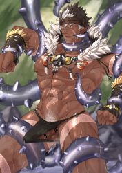 Rule 34 | 1boy, abs, arm tattoo, bar censor, bara, beard, bellsaltr, brown hair, bulge, censored, dark-skinned male, dark skin, facial hair, headband, highres, jewelry, large pectorals, long sideburns, male focus, muscular, navel, necklace, nipples, pectorals, pointy ears, revealing clothes, sideburns, solo, spiked hair, stomach tattoo, tangaroa (housamo), tattoo, tentacle sex, tentacles, tentacles on male, thick thighs, thighs, tokyo houkago summoners, toned, toned male, topless male, upper body, white hair, yellow eyes