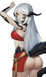 Rule 34 | 1girl, absurdres, arm up, armpits, ass, au ra, warrior of light (ff14), bandeau, bare arms, bare shoulders, breasts, closed mouth, commission, cowboy shot, dragon girl, dragon horns, dragon tail, facial mark, final fantasy, final fantasy xiv, from behind, highres, horns, large breasts, long hair, looking at viewer, looking back, midriff, miniskirt, no panties, orange eyes, red skirt, romana, silver hair, simple background, skirt, solo, standing, tail, thighs, white background