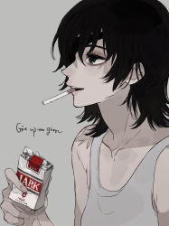 Rule 34 | 1girl, :d, black eyes, black hair, chainsaw man, cigarette, cigarette pack, ebanoniwa, english text, eyepatch, grey background, grey shirt, highres, himeno (chainsaw man), holding, medium hair, mouth hold, one eye covered, open mouth, parted lips, shirt, simple background, sleeveless, sleeveless shirt, smile, smoking, solo