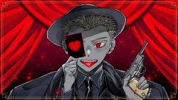 Rule 34 | 1boy, ace (playing card), ace of hearts, black necktie, blonde hair, card, coat, collared shirt, curtains, danganronpa (series), danganronpa 2: goodbye despair, earrings, fangs, formal, freckles, gun, handgun, heart, holding, holding card, holding gun, holding weapon, jewelry, korean commentary, kuzuryu fuyuhiko, mole, mole under mouth, necktie, pistol, playing card, portrait, red curtains, red eyes, shirt, solo, suit, tongue, tongue out, washing (psg011204), weapon