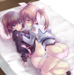 Rule 34 | 2girls, arms behind back, ass, bdsm, bed, blue eyes, blush, bondage, bound, brown hair, fingerless gloves, gloves, groin, hair ribbon, hand on another&#039;s cheek, hand on another&#039;s face, lying, lyrical nanoha, mahou shoujo lyrical nanoha, mahou shoujo lyrical nanoha a&#039;s, mahou shoujo lyrical nanoha a&#039;s portable: the battle of aces, stern the destructor, minchi (lordofthemince), multiple girls, navel, on back, panties, pillow, polka dot, polka dot panties, restrained, ribbon, short hair, socks, takamachi nanoha, tears, tongue, tongue out, twintails, underwear, white panties, yuri