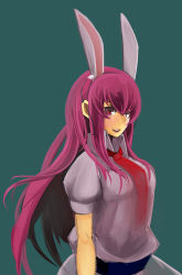 Rule 34 | 1girl, absurdres, animal ears, breasts, dress shirt, extra ears, haruharudog, highres, lips, long hair, medium breasts, necktie, open mouth, purple hair, rabbit ears, red eyes, red necktie, reisen udongein inaba, shirt, simple background, solo, touhou