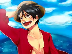 Rule 34 | 1boy, black hair, brown eyes, hand on head, hand on headwear, hat, male focus, monkey d. luffy, one piece, open clothes, open shirt, red shirt, scar, shirt, smile, solo