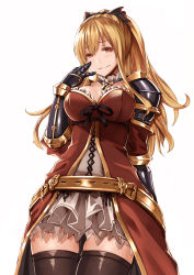Rule 34 | 10s, 1girl, arm at side, armor, bare shoulders, black ribbon, blonde hair, breasts, brown thighhighs, cleavage, cowboy shot, dress, empty eyes, essa sazhka, from below, gauntlets, granblue fantasy, hair between eyes, hair ornament, hair ribbon, hand on own face, highres, large breasts, lips, long hair, looking at viewer, pauldrons, ponytail, red eyes, ribbon, short dress, shoulder armor, smile, solo, thighhighs, thighs, vira (granblue fantasy)