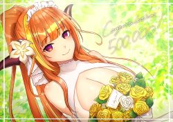 Rule 34 | absurdres, alternate costume, alternate hairstyle, bare shoulders, blunt bangs, bouquet, braid, breasts, bride, bright pupils, cleavage, cleavage cutout, closed mouth, clothing cutout, dress, fang, flower, framed breasts, hair flower, hair ornament, highres, hololive, horns, kiryu coco, large breasts, long hair, looking at viewer, meiruuuu., orange hair, ponytail, skin fang, solo, virtual youtuber, wedding dress