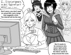 Rule 34 | 4girls, absurdres, animal ears, bb (baalbuddy), blake belladonna, blush, braid, braided ponytail, cat ears, computer, english text, greyscale, highres, computer keyboard, meme, meta, monitor, monochrome, multiple girls, pleated skirt, ruby rose, rwby, side ponytail, simple background, sitting, skirt, speech bubble, swept bangs, table, weiss schnee, white background, yang xiao long