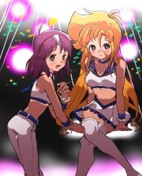 Rule 34 | 2girls, ahoge, arm support, bad id, bad twitter id, bare arms, bare shoulders, blonde hair, blush, bracelet, breasts, character request, choker, closed mouth, commentary request, crossed legs, female focus, frilled skirt, frills, grey eyes, jewelry, leaning forward, long hair, looking at viewer, looking back, marty (mega man), medium breasts, mega man (series), mega man x (manga), mega man x (series), midriff, miniskirt, multiple girls, navel, open mouth, pachakoucy, pants, purple hair, short hair, skirt, spotlight, thighhighs, white legwear, white pants, white skirt, zettai ryouiki