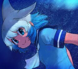 Rule 34 | 1girl, ascot, blowhole, blue eyes, blue hair, blue sailor collar, commentary request, common bottlenose dolphin (kemono friends), dorsal fin, fins, grey hair, hair between eyes, head fins, kemono friends, looking at viewer, multicolored hair, rumenia (ao2is), sailor collar, short hair, short sleeves, smile, solo, underwater, white ascot, white hair
