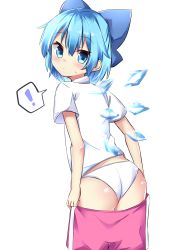Rule 34 | !, 1girl, ass, blue bow, blue eyes, blue hair, blush, bow, cirno, commentary request, cowboy shot, from behind, hair between eyes, hair bow, head tilt, highres, ice, ice wings, looking at viewer, looking back, panties, pink shorts, sabana, shirt, short hair, short sleeves, shorts, simple background, solo, spoken exclamation mark, standing, sweat, touhou, underwear, undressing, white background, white panties, white shirt, wings