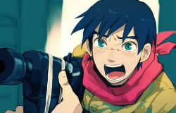 Rule 34 | 1boy, aiming, bad id, bad pixiv id, blue hair, close-up, commentary request, green eyes, gun, holding, holding gun, holding weapon, ima soko ni iru boku, male focus, nabuca, nabuka, open mouth, scarf, solo, t k g, tears, teeth, upper body, weapon