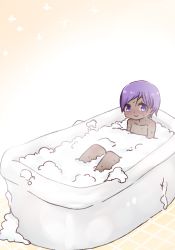 Rule 34 | 1girl, bath, bathing, bathtub, blush, closed mouth, collarbone, dark-skinned female, dark skin, fate/prototype, fate/prototype: fragments of blue and silver, fate (series), hassan of serenity (fate), i.u.y, nose blush, nude, purple eyes, purple hair, soap bubbles, solo, tile floor, tiles