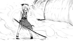 Rule 34 | 1girl, asutora, full body, gloves, greyscale, hairband, highres, holding, holding sword, holding weapon, katana, konpaku youmu, looking at viewer, monochrome, shoes, short hair, skirt, solo, standing, steam, sword, torn clothes, torn skirt, touhou, weapon