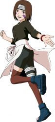 Rule 34 | 1girl, absurdres, ass, brown hair, child, female focus, full body, headband, highres, looking at viewer, naruto (series), nohara rin, sandals, short hair, simple background, smile, solo, standing, toes, white background