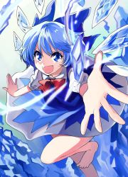 Rule 34 | &gt;:d, 1girl, :d, barefoot, blue bow, blue dress, blue eyes, blue hair, bow, bowtie, cirno, commentary request, cowboy shot, dress, fang, hair between eyes, hair bow, ice, ice wings, katayama kei, leg up, matching hair/eyes, open mouth, open palms, outstretched arm, puffy short sleeves, puffy sleeves, red bow, red bowtie, short hair, short sleeves, smile, solo, touhou, v-shaped eyebrows, wings