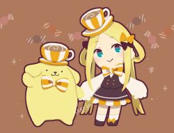 Rule 34 | 1girl, :3, abigail williams (fate), alternate costume, black bow, blonde hair, blue eyes, blush, bow, bowtie, candy, chibi, crossover, cup, cup on head, dog, dress, fate/grand order, fate (series), food, full body, hair bow, hair rings, kyojo128, looking at viewer, multiple hair bows, orange bow, pompompurin, sanrio, sleeves past fingers, sleeves past wrists, smile, teacup