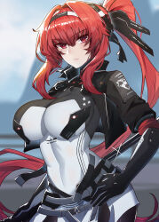 Rule 34 | 1girl, absurdres, black hairband, bodysuit, breasts, closed mouth, hair between eyes, hairband, highres, impossible bodysuit, impossible clothes, kongbai huanxiang, large breasts, long hair, looking at viewer, mechanical arms, ponytail, punishing: gray raven, red eyes, red hair, sidelocks, vera: garnet (punishing: gray raven), vera (punishing: gray raven), very long hair, white bodysuit