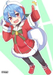 Rule 34 | 1girl, ^^^, ahoge, alternate costume, artist name, bell, black pantyhose, blue hair, bow, commentary request, dress, fang, fur-trimmed footwear, fur trim, green bow, hat, highres, holding, holding sack, kantai collection, long hair, long sleeves, looking at viewer, mittens, one-hour drawing challenge, open mouth, over shoulder, pantyhose, partial commentary, pepatiku, purple eyes, red footwear, red hat, red mittens, sack, sado (kancolle), sailor collar, santa costume, santa dress, santa hat, shoes, short dress, short hair, signature, smile, solo, standing, thuyan