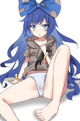 Rule 34 | 1girl, bangle, bare shoulders, barefoot, blue bow, blue eyes, blue hair, blush, bow, bracelet, crotch seam, e.o., grey hoodie, hair bow, highres, hood, hoodie, jewelry, long hair, panties, parted lips, simple background, solo, touhou, underwear, white background, white panties, yorigami shion
