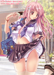 Rule 34 | 1girl, :o, ahoge, bag, blush, bracelet, clothes lift, demon, flower, food, hair flower, hair ornament, hinaki shiizaki, ice cream, jewelry, charm (object), loafers, long hair, messy, midriff, nail polish, navel, open mouth, outdoors, panties, pink hair, pink nails, pleated skirt, red eyes, school bag, school uniform, serafuku, shiizaki hinaki, shirt lift, shoes, skirt, skirt lift, sky, solo, standing, standing on one leg, stuffed animal, stuffed toy, surprised, teddy bear, thigh gap, thighhighs, thighs, tree, underwear, upskirt, white panties, white thighhighs, wind, wind lift