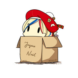 Rule 34 | 10s, 1girl, 2016, absurdres, anchor hair ornament, bad id, bad pixiv id, beret, blonde hair, blue hair, box, cardboard box, commandant teste (kancolle), dated, french text, hair ornament, hat, hatsuzuki 527, highres, in box, in container, kantai collection, long hair, looking up, merry christmas, multicolored hair, peeking out, pom pom (clothes), red hair, simple background, solid oval eyes, solo, streaked hair, swept bangs, twitter username, wavy hair, white background, white hair