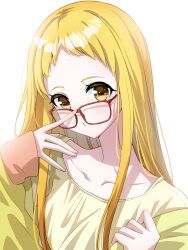 Rule 34 | 1girl, aged up, blonde hair, commentary request, eyelashes, glasses, highres, jacket, kasugano urara (yes! precure 5), kibou no chikara ~otona precure &#039;23~, long hair, looking at viewer, osarutukamaeru, precure, simple background, solo, white background, yellow eyes, yellow jacket, yes! precure 5, yes! precure 5 gogo!