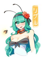 Rule 34 | 1girl, alternate costume, alternate hair length, alternate hairstyle, antennae, bare shoulders, blush, breasts, character name, choker, cleavage, collarbone, dress, green eyes, green hair, hair over one eye, highres, arthropod girl, kaliningradg, large breasts, long hair, looking at viewer, aged up, one eye closed, open mouth, red choker, simple background, solo, strapless, strapless dress, touhou, white background, white dress, wriggle nightbug