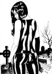 Rule 34 | artist request, ass, ass focus, black hair, black pants, cross, gloves, grave, graveyard, highres, long hair, monochrome, nape, neck, no pupils, pants, signature, sleeveless, straight hair, tagme, tight clothes, tight pants, tree