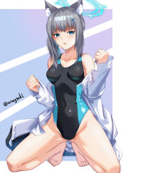 Rule 34 | 1girl, animal ear fluff, animal ears, aona (anagasaki), bag, barefoot, black one-piece swimsuit, blue archive, blue eyes, breasts, competition swimsuit, covered navel, cross hair ornament, extra ears, grey hair, hair ornament, halo, highres, kneeling, low ponytail, medium breasts, medium hair, mismatched pupils, multicolored clothes, multicolored swimsuit, official alternate costume, one-piece swimsuit, open clothes, open shirt, shiroko (blue archive), shiroko (swimsuit) (blue archive), shirt, solo, squatting, swimsuit, two-tone swimsuit, white shirt, wolf ears
