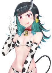 Rule 34 | 1girl, 2021, nanashi inc., akagane mic, alternate costume, animal print, bell, bikini, black hair, blue hair, blush, commentary request, cow print, cowbell, cowboy shot, demon girl, demon horns, demon tail, ear tag, elbow gloves, fang, flat chest, gloves, highres, horns, long hair, looking at viewer, multicolored hair, navel, neck bell, open mouth, pointy ears, print bikini, print gloves, red eyes, shishio chris, simple background, skin fang, smile, solo, sugar lyric, swimsuit, tail, two-tone hair, v, virtual youtuber, white background