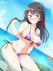 Rule 34 | 1girl, arm support, bare legs, bikini, black hair, blue sky, blush, breasts, cleavage, collarbone, commentary request, covered erect nipples, day, deego (omochi bazooka), hair ribbon, hand in own hair, highres, large breasts, long hair, looking at viewer, navel, original, outdoors, parted lips, partially submerged, purple bikini, purple eyes, ribbon, side-tie bikini bottom, sitting, sky, solo, stomach, swimsuit, thighs, twitter username, underboob, yura kanade