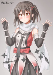 Rule 34 | 1girl, anti (untea9), black neckerchief, buttons, cowboy shot, double-breasted, elbow gloves, fingerless gloves, gloves, gradient background, grey background, hair between eyes, highres, kantai collection, kunai, looking at viewer, neckerchief, scarf, sendai (kancolle), sendai kai ni (kancolle), shuriken, solo, sweatdrop, twitter username, two side up, weapon, white scarf
