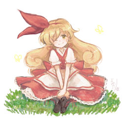 Rule 34 | apron, back bow, black footwear, blonde hair, boots, bow, bug, butterfly, closed mouth, cross-laced footwear, curly hair, dress, ellen (touhou), frilled dress, frills, grass, hair bow, happy, insect, katari, long hair, one eye closed, red bow, red dress, red ribbon, ribbon, simple background, sitting, smile, touhou, touhou (pc-98), very long hair, waist apron, white apron, white background, yellow eyes