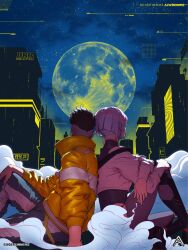 Rule 34 | 1boy, 2girls, azizdraws, blue sky, building, city, cityscape, couple, cyberpunk (series), cyberpunk 2077, david martinez, from side, hand on ground, hand on own knee, hetero, highres, huge moon, jacket, knee up, looking to the side, lucy (cyberpunk), moon, multiple girls, night, night city (cyberpunk), night sky, off-shoulder jacket, off shoulder, pants, sitting, sky, skyscraper, star (sky), starry sky, white jacket, yellow jacket