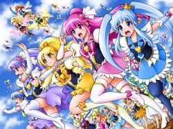 Rule 34 | 10s, 6+girls, :o, aino megumi, arm warmers, black legwear, blonde hair, blonde haired cure (bomber girls precure) (happinesscharge precure!), blue hair, blue skirt, boots, bow, bowtie, brooch, cowboy hat, crown, cure art, cure fortune, cure honey, cure lovely, cure nile, cure princess, cure sunset, cure tender, cure wave, drill hair, extra, flying, glasses, green hair, green haired cure (wonderful net precure) (happinesscharge precure!), grey haired cure (bomber girls precure) (happinesscharge precure!), hair bow, hair ornament, hair ribbon, happinesscharge precure!, hat, heart, heart brooch, heart hair ornament, hikawa iona, hikawa maria, jewelry, long hair, magical girl, mattsua, mini crown, multiple girls, necktie, ohana (happinesscharge precure!), oomori yuuko, open mouth, orange hair, orange haired cure (wonderful net precure) (happinesscharge precure!), orina (happinesscharge precure!), pink bow, pink eyes, pink hair, pink skirt, ponytail, precure, purple eyes, purple hair, purple skirt, red hair, red haired cure (bomber girls precure) (happinesscharge precure!), ribbon, running, shirayuki hime, skirt, sky, thigh boots, thighhighs, twintails, wand, white hair, white legwear, wide ponytail, wings, wrist cuffs, yellow eyes, yellow skirt
