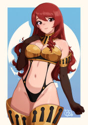 Rule 34 | 1girl, armor, armpit crease, artist logo, bare shoulders, bikini armor, blue background, blush, border, breasts, brown eyes, brown gloves, cameltoe, cleavage, closed mouth, collarbone, commentary, cowboy shot, elbow gloves, gloves, gold armor, high-cut armor (persona), highleg, highres, kirijou mitsuru, large breasts, lips, long hair, navel, official alternate costume, persona, persona 3, red hair, solo, stomach, thatpersonaguy, thighhighs, thighs