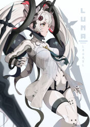 Rule 34 | 1girl, absurdres, bodysuit, bracelet, breasts, character name, cross-shaped pupils, dress, earrings, floating, floating hair ornament, floating object, floating weapon, grey bodysuit, grey dress, grey hair, headgear, highres, jewelry, lavriell, long hair, luna: laurel (punishing: gray raven), luna (punishing: gray raven), mechanical legs, mechanical parts, medium breasts, orange eyes, orb, punishing: gray raven, see-through, see-through dress, short dress, sidelocks, solo, symbol-shaped pupils, thighlet, triangle earrings, twintails, very long hair