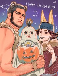 Rule 34 | 1boy, 1girl, 1other, :d, animal ears, bare arms, bear ears, beard stubble, character request, earrings, facial hair, fake animal ears, family, fox ears, fox girl, from side, frown, ghost pose, golden kamuy, halloween, halloween costume, happy halloween, headband, highres, holding baby, hoop earrings, inkarmat, jewelry, jo tuesday19, looking at viewer, mature male, muscular, muscular male, open mouth, short hair, smile, stubble, tanigaki genjirou, thick eyebrows, upper body