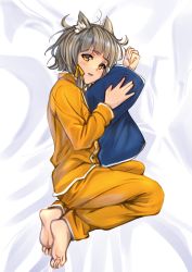 Rule 34 | 1girl, absurdres, animal ears, bad id, bad twitter id, barefoot, blunt bangs, blush, cat ears, film grain, highres, long sleeves, messy hair, nia (xenoblade), on bed, pajamas, parted lips, poteto (potetosarada123), short hair, silver hair, solo, white background, xenoblade chronicles (series), xenoblade chronicles 2, yellow pajamas