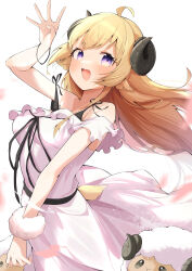 Rule 34 | 1girl, :d, absurdres, ahoge, alternate costume, animal ears, bare shoulders, black dress, blonde hair, blush, bracelet, commentary, dress, eat some cookie, highres, hololive, horns, jewelry, long hair, looking at viewer, open mouth, purple eyes, sheep, sheep ears, sheep girl, sheep horns, sheep tail, simple background, sleeveless, sleeveless dress, smile, solo, strap slip, tail, tsunomaki watame, virtual youtuber, watamate, white background, white dress