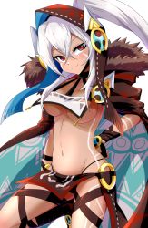 Rule 34 | 1girl, azur lane, black panties, blue cape, blush, bodypaint, breast curtain, breasts, brown cape, brown gloves, brown hood, brown skirt, cape, closed mouth, commentary request, crossed bangs, dark-skinned female, dark skin, facepaint, feet out of frame, fingerless gloves, fur-trimmed cape, fur trim, gloves, hair between eyes, hand on own hip, head tilt, high ponytail, highleg, highleg panties, hood, hood up, houshi, loincloth, long hair, looking at viewer, medium breasts, midriff, minneapolis (azur lane), multicolored cape, multicolored clothes, navel, o-ring, o-ring bottom, panties, red cape, red eyes, revealing clothes, showgirl skirt, simple background, skirt, smile, solo, underboob, underwear, very long hair, white background, white cape, white hair