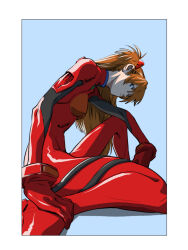 Rule 34 | 1girl, artist request, blue eyes, bodysuit, breasts, brown hair, cowboy shot, curvy, from below, full body, highres, interface headset, long hair, looking to the side, neon genesis evangelion, pilot suit, plugsuit, red bodysuit, shaded face, shiny clothes, sitting, souryuu asuka langley, swept bangs, two side up, white background, wide hips