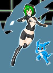 Rule 34 | 1boy, 1girl, artist request, breasts, curvy, digimon, evolution, full body, green hair, highres, hood, hoodie, jacket, looking at viewer, medium breasts, navel, open clothes, open jacket, open mouth, red eyes, sharp teeth, shinomiya rina, shiny clothes, silhouette, smile, standing, teeth, ulforcev-dramon, v-mon, wide hips